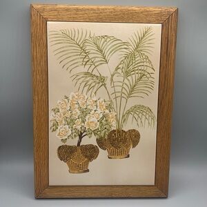 MCM Oak Frame Botanical Italian Tile Palm Fern Yellow Begonia Roses Wall Art